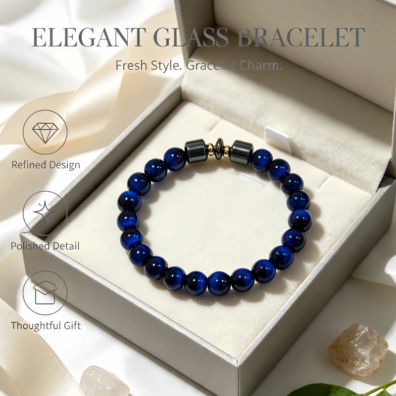Men's Deep Blue Round Bead Elastic Bracelet, Casual Wear